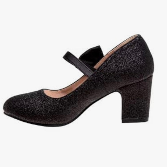 Badgley Mischka Size 4 Girls Janelle Pump Black Glitter Block Heels Rhinestones - Picture 2 of 11